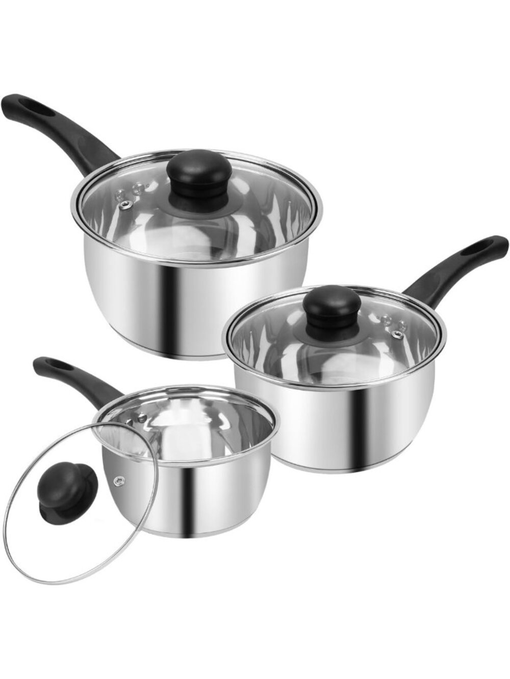 3-Piece Stainless Steel Cooking Pot Set - 1QT, 2QT, 3QT Saucepans with Lids